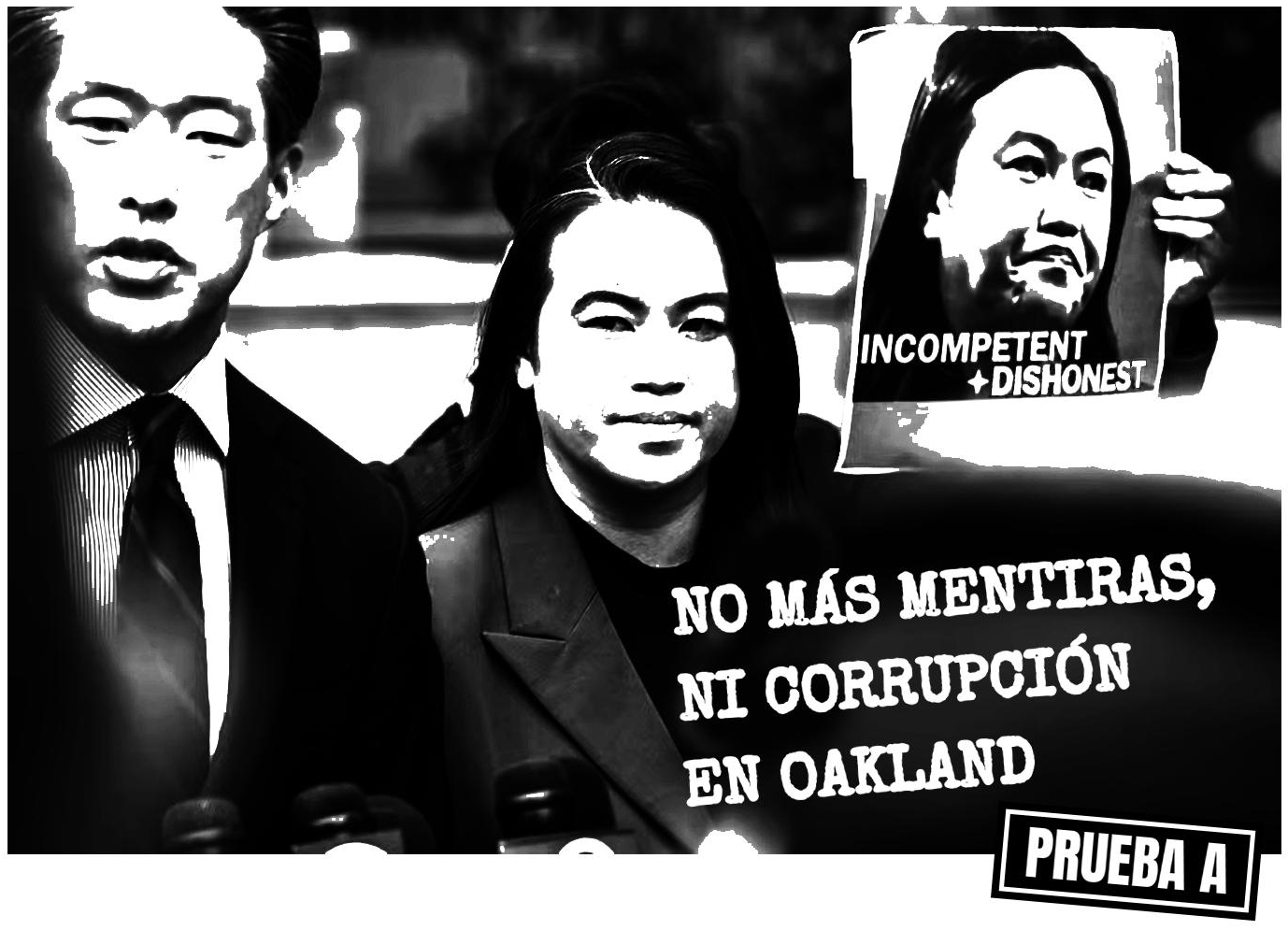 Sheng Thao leaving court between two men, as a protester holds up a sign reading "Incompetent + Dishonest". Overlaid: "No more lies, corruption in Oakland" and an "Exhibit A" tag.