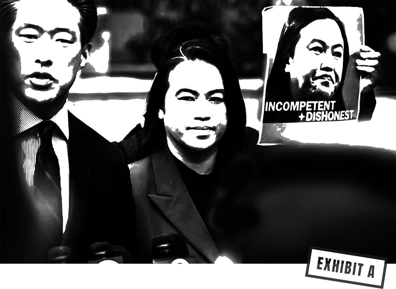 Sheng Thao leaving court between two men, as a protester holds up a sign reading "Incompetent + Dishonest". Overlaid: "No more lies, corruption in Oakland" and an "Exhibit A" tag.